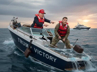 This image shows Donald Trump and Pete Hegseth on a powerboat taking on water.