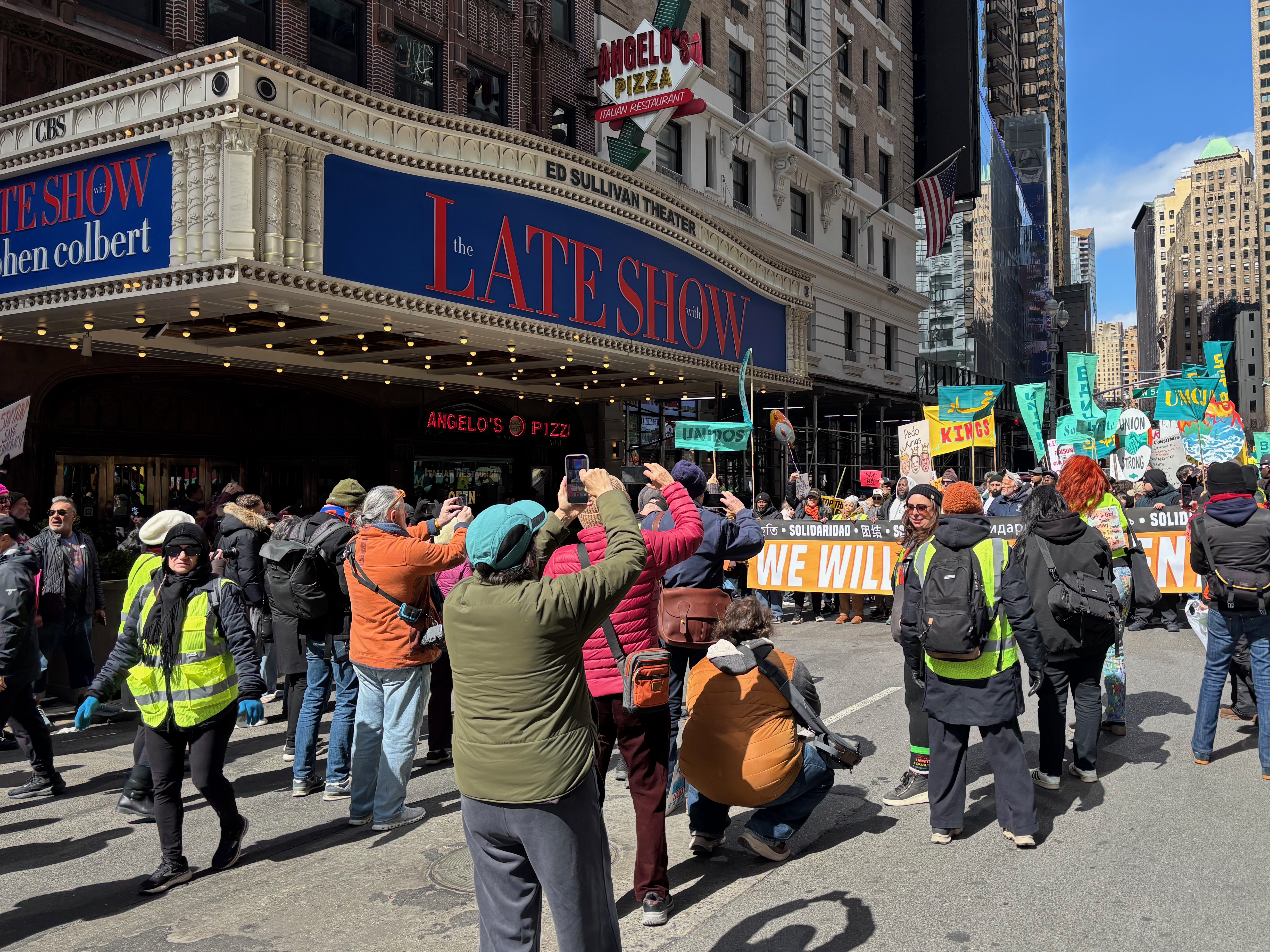 Late Show sign at No Kings demonstration