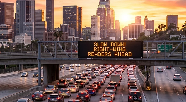 generated photo of a traffic jam headed towards a city with a sign on an overpass that reads Slow Down Right-Wing Readers Ahead